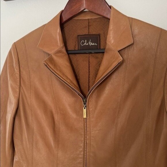 Cole Hann Lambskin Leather Jacket Womens Small Full Zip Tan - Picture 6 of 16